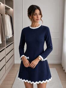 Easowa Contrast Color Waist Cinched A-Line Long Sleeve Mini Dress Casual Relaxed Elegant Commute Old Money Style Autumn Winter Women's Dress - Blue - View 6