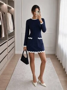 Easowa Contrast Color Waist Cinched A-Line Long Sleeve Mini Dress Casual Relaxed Elegant Commute Old Money Style Autumn Winter Women's Dress - Blue - View 4