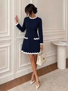 Easowa Contrast Color Waist Cinched A-Line Long Sleeve Mini Dress Casual Relaxed Elegant Commute Old Money Style Autumn Winter Women's Dress - Blue - View 2