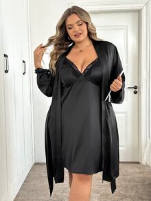 SHEIN CURVE+ 女款大尺碼蕾絲細肩帶洋裝搭配緞面長袖外套 2件套 秋季 - 黑色 - 查看 6