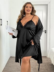 SHEIN CURVE+ 女款大尺碼蕾絲細肩帶洋裝搭配緞面長袖外套 2件套 秋季 - 黑色 - 查看 3