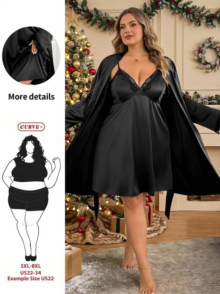SHEIN CURVE+ Gaun Camisole Renda Ukuran Plus Wanita dengan Jaket Lengan Panjang Satin, Set 2 Potongan untuk Musim Gugur - Hitam - View 1