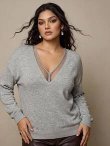 Nubod Plus Size Women Autumn/Winter V-Neck Mesh Patchwork Drop Shoulder Sleeve Casual Everyday Sweatshirt Fall - Grey - View 2