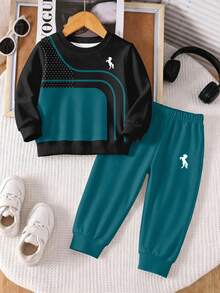 Áo nỉ cổ tròn bé trai họa tiết ngựa sọc phối màu đen & xanh lá, phong cách streetwear college, cơ bản mặc hàng ngày cho mùa thu/đông, 4Y-7Y - trắng - Xem 2