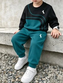 Áo nỉ cổ tròn bé trai họa tiết ngựa sọc phối màu đen & xanh lá, phong cách streetwear college, cơ bản mặc hàng ngày cho mùa thu/đông, 4Y-7Y - trắng - Xem 1