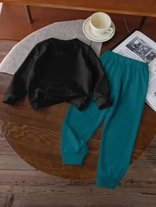 Áo nỉ cổ tròn bé trai họa tiết ngựa sọc phối màu đen & xanh lá, phong cách streetwear college, cơ bản mặc hàng ngày cho mùa thu/đông, 4Y-7Y - trắng - Xem 3