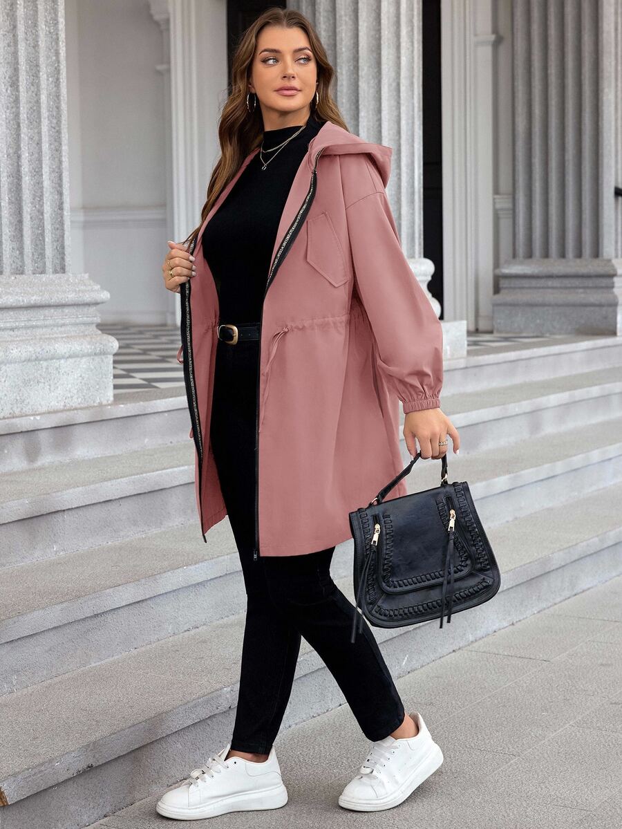 SHEIN LUNE Plus Size Plain Color Hooded Zipper Front Casual Swaggy Goth Baggy Elegant Long Sleeve Jacket Fall Clothes Going Out Office Formal Moss Rose - Dusty Pink - View 1