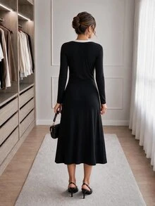 Easowa Colorblock Patchwork Waist A-Line Long Sleeve Midi Dress Casual Relaxed Elegant Commute Old Money Style Autumn Winter Women's Mid-Length Dress - Black - View 6