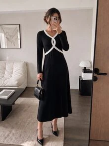 Easowa Colorblock Patchwork Waist A-Line Long Sleeve Midi Dress Casual Relaxed Elegant Commute Old Money Style Autumn Winter Women's Mid-Length Dress - Black - View 5