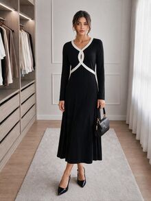 Easowa Colorblock Patchwork Waist A-Line Long Sleeve Midi Dress Casual Relaxed Elegant Commute Old Money Style Autumn Winter Women's Mid-Length Dress - Black - View 4