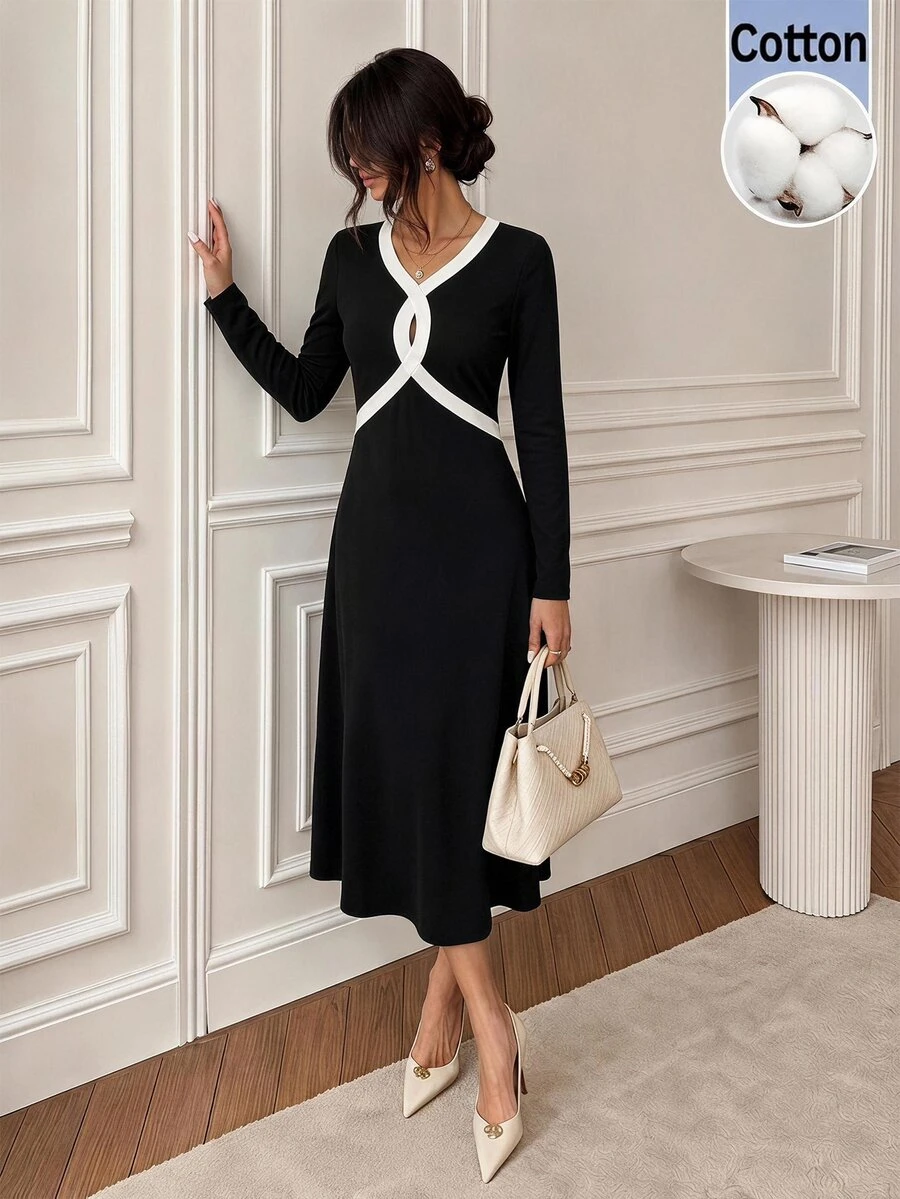 Easowa Colorblock Patchwork Waist A-Line Long Sleeve Midi Dress Casual Relaxed Elegant Commute Old Money Style Autumn Winter Women's Mid-Length Dress - Black - View 1