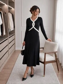 Easowa Colorblock Patchwork Waist A-Line Long Sleeve Midi Dress Casual Relaxed Elegant Commute Old Money Style Autumn Winter Women's Mid-Length Dress - Black - View 7