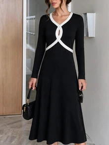 Easowa Colorblock Patchwork Waist A-Line Long Sleeve Midi Dress Casual Relaxed Elegant Commute Old Money Style Autumn Winter Women's Mid-Length Dress - Black - View 2