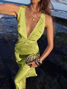Opulessa 優雅奶油白色緞面蕾絲女款洋裝，夏季度假V領露肩魚尾婚禮派對伴娘奢華晚禮服 - 綠色 - 查看 5