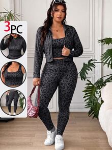 SHEIN EZwear Plus Size Women Leopard Print Inner Top, Long Sleeve Cardigan And Leggings Casual Sport Cowboy Everyday Set Gym Teacher Grey Autumn Fall - Dark Grey - View 4