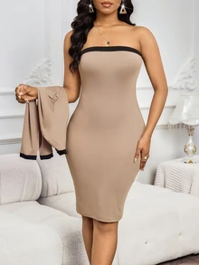 SHEIN Lady 女士撞色滚边长袖外套和连衣裙两件套 - 彩色 - 查看 3