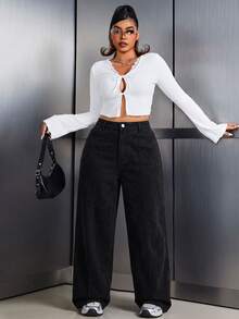 SHEIN Tall CURVE Plus Size Women's Casual Daily Travel Denim Jeans With Pockets And Buttons - Black - View 9