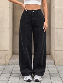 SHEIN Tall CURVE Plus Size Women's Casual Daily Travel Denim Jeans With Pockets And Buttons - Black - View 5