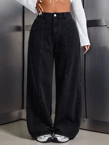 SHEIN Tall CURVE Plus Size Women's Casual Daily Travel Denim Jeans With Pockets And Buttons - Black - View 8