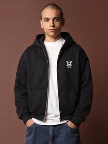 SUMWON Sunwon Club Oversized Full-Zip Hoodie With Script Back Embroidery Monogram Chest Logo Silver Zipper Ribbed Hem - Black - View 2