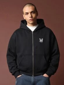SUMWON Sunwon Club Oversized Full-Zip Hoodie With Script Back Embroidery Monogram Chest Logo Silver Zipper Ribbed Hem - Black - View 7