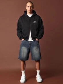 SUMWON Sunwon Club Oversized Full-Zip Hoodie With Script Back Embroidery Monogram Chest Logo Silver Zipper Ribbed Hem - Black - View 6