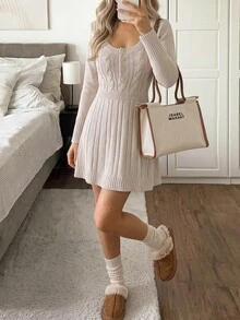 Easowa Casual Daily Brunch Knit Dress Women's Solid Color Beige Fall - Apricot - View 4