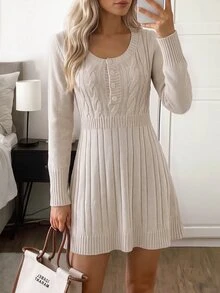 Easowa Casual Daily Brunch Knit Dress Women's Solid Color Beige Fall - Apricot - View 6