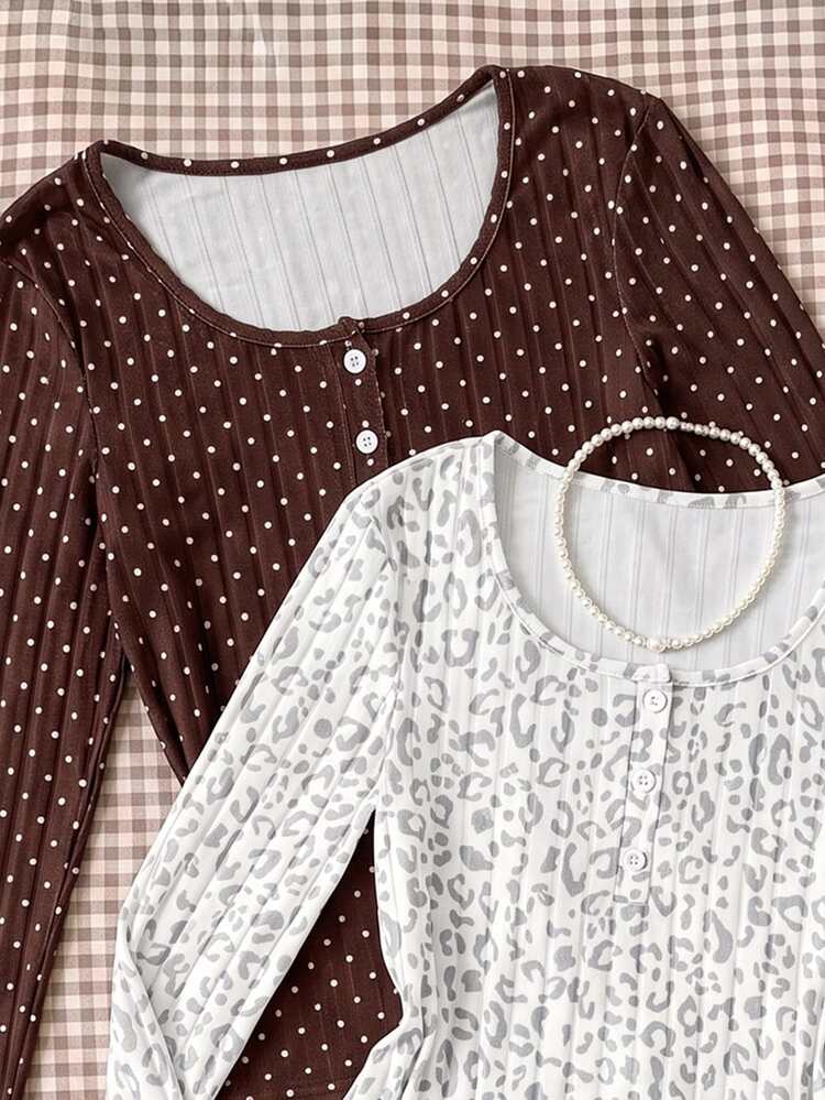 SHEIN Setelan Kasual Musim Gugur 2 Potong Motif Polkadot Leopard Leher Henley Slim Fit untuk Remaja Perempuan, Gaya Y2K yang Modis dan Imut. - MultiWarna - View 6