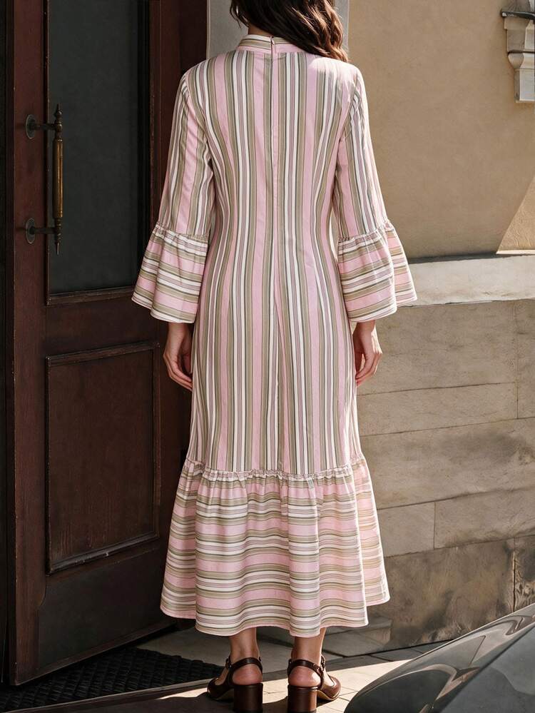 Selianne Pink Vertical Striped Long Dress, Vintage Stand Collar, Handmade Frog Buttons, Flared Ruffle Sleeves, Patchwork Ruffle Hem, Loose Fit - Multicolor - View 2