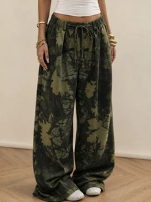 Rina Fox Leaf Print Elastic Waist Drawstring Wide Leg Pants, Casual Loose High Waist Flowy Trousers - Army Green - View 7