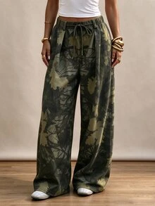 Rina Fox Leaf Print Elastic Waist Drawstring Wide Leg Pants, Casual Loose High Waist Flowy Trousers - Army Green - View 5