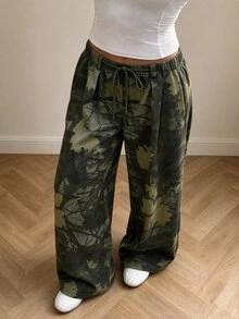 Rina Fox Leaf Print Elastic Waist Drawstring Wide Leg Pants, Casual Loose High Waist Flowy Trousers - Army Green - View 4