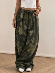 Rina Fox Leaf Print Elastic Waist Drawstring Wide Leg Pants, Casual Loose High Waist Flowy Trousers - Army Green - View 6