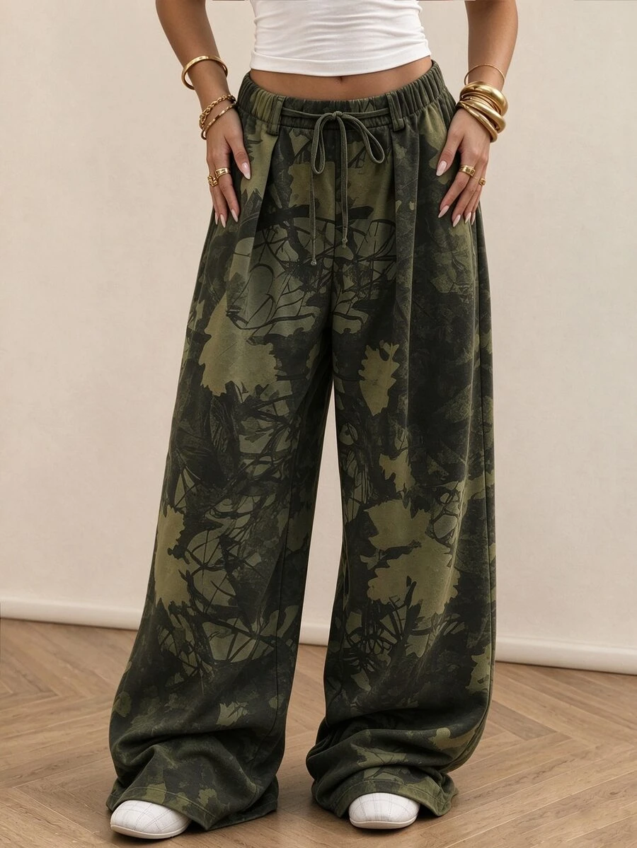 Rina Fox Leaf Print Elastic Waist Drawstring Wide Leg Pants, Casual Loose High Waist Flowy Trousers - Army Green - View 1