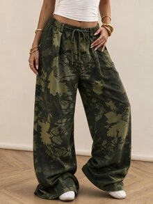 Rina Fox Leaf Print Elastic Waist Drawstring Wide Leg Pants, Casual Loose High Waist Flowy Trousers - Army Green - View 8