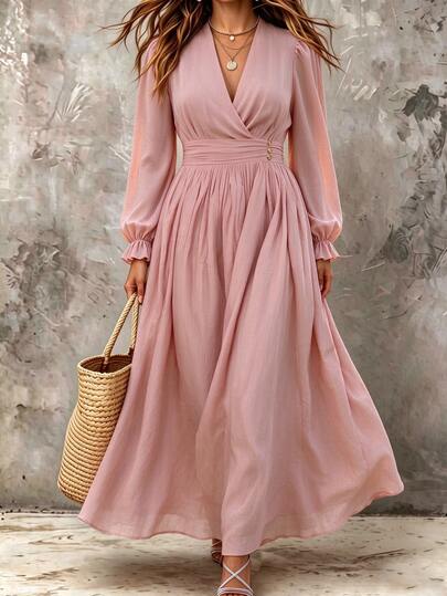 Linhara Vestido elegante y romántico de talla grande para mujer, color azul empolvado, tela con textura de bambú sintético, manga larga, escote en V, cintura ceñida y bajo en línea A, para regreso a casa, otoño y brunch