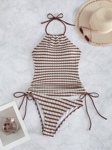 Swim Lushoire 女款棕色與白色條紋抽繩紋理布料細肩帶露背比基尼上衣，適合度假、海灘、派對、夏季熱帶風 - 卡其色 - 查看 6