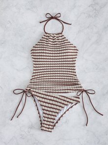 Swim Lushoire 女款棕色與白色條紋抽繩紋理布料細肩帶露背比基尼上衣，適合度假、海灘、派對、夏季熱帶風 - 卡其色 - 查看 4