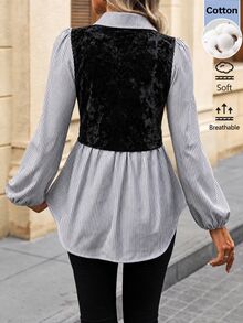 SHEIN LUNE 女款休閒通勤條紋拼接長袖上衣，秋冬日常基礎時尚外出穿搭 - 黑與白 - 查看 2