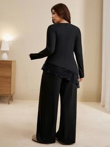 Edennvi Plus Size Women Solid Color Contrast Lace Hem Long Sleeve T-Shirt And Pants Elegant 2 Pieces Set Fall - Black - View 2