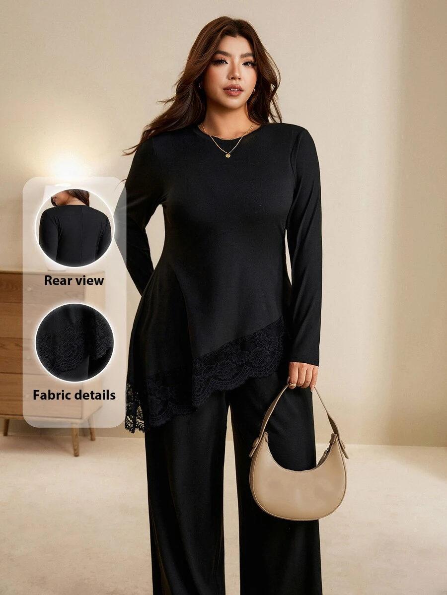 Edennvi Plus Size Women Solid Color Contrast Lace Hem Long Sleeve T-Shirt And Pants Elegant 2 Pieces Set Fall - Black - View 1
