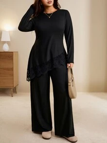 Edennvi Plus Size Women Solid Color Contrast Lace Hem Long Sleeve T-Shirt And Pants Elegant 2 Pieces Set Fall - Black - View 7