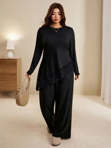 Edennvi Plus Size Women Solid Color Contrast Lace Hem Long Sleeve T-Shirt And Pants Elegant 2 Pieces Set Fall - Black - View 6