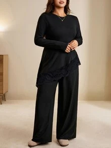 Edennvi Plus Size Women Solid Color Contrast Lace Hem Long Sleeve T-Shirt And Pants Elegant 2 Pieces Set Fall - Black - View 4