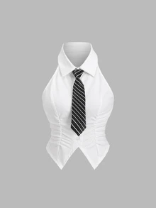 Elamini American Style Sexy Solid Color Tank Top, Cropped Fitted Zip Up Collared Formal Shirt For Women Going Out School White Summer - White - View 3