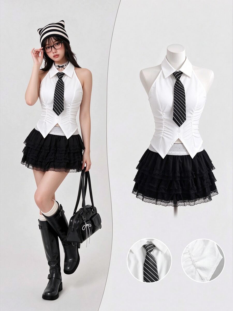 Elamini American Style Sexy Solid Color Tank Top, Cropped Fitted Zip Up Collared Formal Shirt For Women Going Out School White Summer - White - View 1