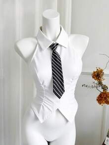 Elamini American Style Sexy Solid Color Tank Top, Cropped Fitted Zip Up Collared Formal Shirt For Women Going Out School White Summer - White - View 2