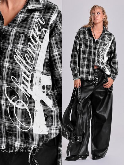 Autumn/Winter Y2K Street Casual Plaid Distressed Faded Graphic Gun Combination Print Loose Fit Women's T-Shirt