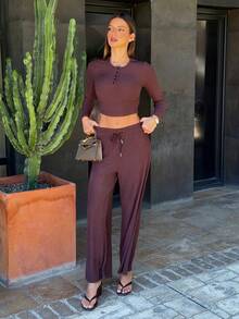 Sindi Myftari Women Coffee Brown 2-Piece Set,Fall Winter Casual Everyday Plush Ribbed Fabric,Waist Ruching Adjustable Drawstring Open Front Long Sleeve - Brown - View 1